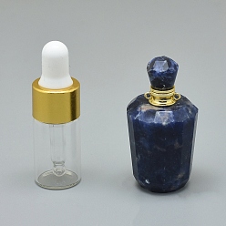 Sodalite Faceted Natural Sodalite Openable Perfume Bottle Pendants, with Brass Findings and Glass Essential Oil Bottles, 40~48x21~25mm, Hole: 1.2mm, Glass Bottle Capacity: 3ml(0.101 fl. oz), Gemstone Capacity: 1ml(0.03 fl. oz)