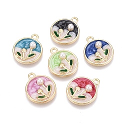 (52) Непрозрачная лаванда Подвески из эмали и сплава, плоские круглые и цветочные подвески, с ABS имитации жемчуга, золотой свет, разноцветные, 19.5x16.5x4.5 мм, отверстие : 1.8 мм