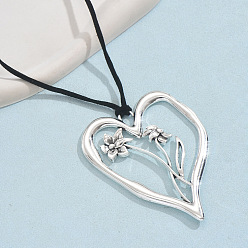 Античное Серебро Рождение цветок сердце кулон цинковый сплав черный искусственная замша шнур ожерелья для женщин, античное серебро, 31.50~33.46 дюйм (80~85 см)