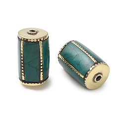 Античное Золото Ручной тибетском стиле бисера, колонка, Латунные бусины, с синтетическими бирюзовый, античное золото , 27.5~28x17x17 мм, отверстие : 2 мм