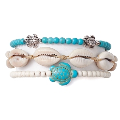 Synthetic Turquoise 3Pcs 3 Style Synthetic Turquoise & Alloy Tortoise Stretch Bracelets Set, Natural Shell Braided Bead Adjustable Bracelets, Inner Diameter: 2-1/8~3-1/8 inch(5.5~8cm), 1Pc/style