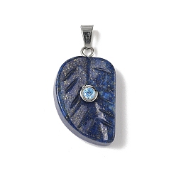 Ляпис-Лазурь Резные подвески из натурального лазурита, подвески в виде листьев с 201 микрофиброй из нержавеющей стали и кубическими циркониями, цвет нержавеющей стали, 26x15x15.5 мм, отверстие : 5.3x3 мм