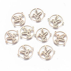 Rose Gold 304 Stainless Steel Links Connectors, Laser Cut, Flat Round with Bird, Rose Gold, 15x18x1mm, Hole: 0.8mm
