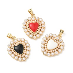 (52) Непрозрачная лаванда Латунь эмаль подвески, сердце, с абс пластмассовой имитационной жемчужиной, без кадмия и без свинца, реальный 18 k позолоченный, разноцветные, 24.5x20x4 мм, отверстие : 4x4.5 мм