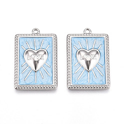 Светло-Голубой 304 подвески из нержавеющей стали, с эмалью, прямоугольник с сердечком и надписью «любовь», цвет нержавеющей стали, Небесно-голубой, 28x18x3 мм, отверстие : 1.4~1.5 мм