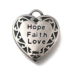 Античное Серебро Ретро 304 из нержавеющей стали подвески, сердце со словом надежда вера любовь чары, античное серебро, 16x14x3 мм, отверстие : 1.5x2 мм