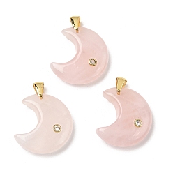 Розовый Кварц Природного розового кварца подвески, с микропаве из кубического циркония на латунной основе и фурнитурой из нержавеющей стали., Луна прелести, золотые, 201 мм, отверстие : 23x21x6.5 мм