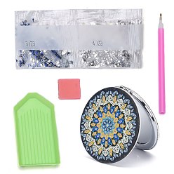 Mixed Color DIY Diamond Painting Stickers Kits For Plastic Mirror Making, with Glass, Resin Rhinestones, Diamond Sticky Pen, Tray Plate and Glue Clay, Flat Round with Mandala Pattern, Mixed Color, 73x70x9mm