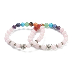 Розовый Кварц Чакра ювелирные изделия, круглые браслеты из натурального розового кварца и драгоценных камней из бисера, с бусинами из сова, античное серебро, внутренний диаметр: 2-3/8 дюйм (6 см)