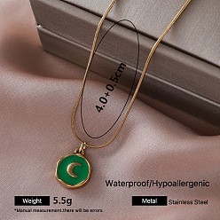 Flat Round Vintage 304 Stainless Steel Enamel Pendant Necklaces, Golden, Green, Flat Round with Moon, 15.75 inch(40cm)