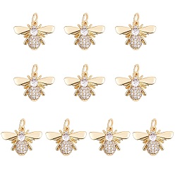 Настоящее золото 18K 10подвески из кубического циркония с покрытием из латуни с микропаве, с прыжковых колец, долговечный, без кадмия и без свинца, Пчелы, прозрачные, реальный 18 k позолоченный, 12.5x17x3.5 мм, отверстие : 3.2 мм