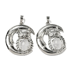 Хрусталь Природного кварца хрустальных подвесок, Подвески в виде совы из горного хрусталя и стойки с латунной луной, платина, без кадмия и без свинца, 38.5x31.5x8 мм, отверстие : 8x5 мм