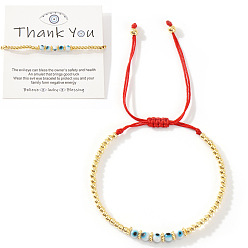 Evil Eye Браслеты из плетеных бусин и латунных бусин, регулируемые нейлоновые плетеные браслеты для женщин, с открытки, злые глаза, внутренний диаметр: 11 дюйм (28 см)