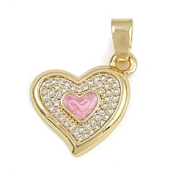 Pink Латунные микропроволочные кубические циркониевые подвески из эмали, сердце прелести, долговечный, стойки покрытие, без свинца и без кадмия, розовые, 18x17x2.5 мм, отверстие : 5.5x3 мм