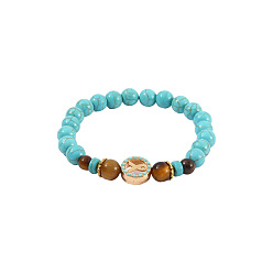 Темно-бирюзовый Браслеты из бусин синтетической бирюзы и натурального тигрового глаза, браслеты с подвесками из цинкового сплава и эмалью для женщин, плоские круглые с информационно лентой, темные бирюзовый, 6-3/4 дюйм (17 см)