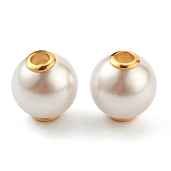 Белый Пластиковые жемчужные бисера, с позолоченными 304 сердечниками из нержавеющей стали, круглые, белые, 12x13 мм, отверстие : 3.5 мм