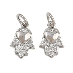 Платина Латунные микро проложить кубического циркония подвески, с целью перехода в кольце, Хамса рука с подвесками в виде сердечек, стойки покрытие, долговечный, без свинца и без кадмия, платина, 12x8x2 мм, отверстие : 3 мм