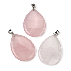Розовый Кварц Природного розового кварца подвески, Подвески в форме капли с 304 защелкивающимися креплениями из нержавеющей стали, цвет нержавеющей стали, 43.5~45x29.5~30.5x6~7.5 мм, отверстие : 7.5x4.5 мм