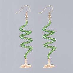 Lime Green Dangle Earrings, with Glass Beads, Golden Plated Brass Earring Hooks Findings & Fishtail  Shape Charms, Cardboard Boxes, Lime Green, 80mm, Pin: 0.7mm