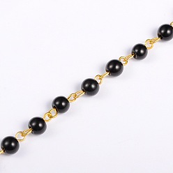 Черный Ручной круглые стекла жемчуг цепи для ожерелья браслеты делает, с золотым штифтом для глаз, несварные, чёрные, 39.3 дюйм, бусина : 6 mm
