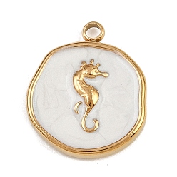 Белый 304 нержавеющей стальной эмали подвески, ионное покрытие (ip), золотые, плоские круглые с морской конек, белые, 18x15.5x3 мм, отверстие : 1.8 мм