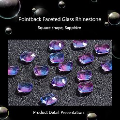 Sapphire Pointed Back Glass Rhinestone Cabochons, Imitation Tourmaline, Square, Sapphire, 10x10x5mm, 35pcs/box