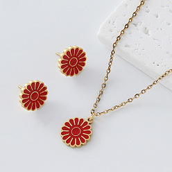 Red 304 Stainless Steel Enamel Flower Pendant Necklace & Stud Earrings Set for Women, Golden, Red, 450mm, Pendant: 14x12mm