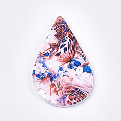 Colorful Printed Wooden Big Pendants, Dyed, Teardrop with Flower Pattern, Colorful, 59x36x2.5mm, Hole: 1.5mm