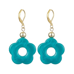 Dark Cyan Acrylic Flower Dangle Leverback Earrings, Golden Brass Earrings, Dark Cyan, 53x27mm