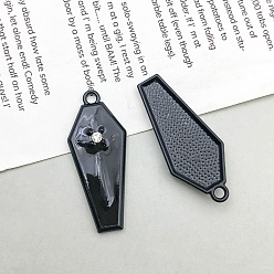 Black Halloween Alloy Enamel Pendants, Coffin with Cross, Black, 31x13mm
