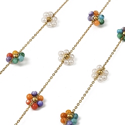Разноцветный Ручная работа 304 цепочки из нержавеющей стали с бусинами, пайки, с окрашенными бусинами из ракушек и жемчужинами из АБС-пластика и катушкой, ионное покрытие (ip), реальный 18 k позолоченный, красочный, 9.5~10x8~9x3~3.5 мм