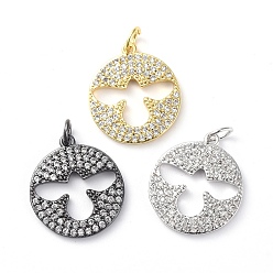Mixed Color Brass Micro Pave Cubic Zirconia Pendants, with Jump Rings, Flat Round with Bird, Mixed Color, 18x16x2mm, Hole: 3.4mm