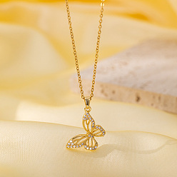 Бабочка Ожерелья с подвеской из латуни с микропаве и прозрачным кубическим цирконием для женщин, золотые, бабочка, 15.75 дюйм (40 см), Кулон : 21.5x18 мм