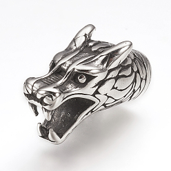 Античное Серебро 316 концы хирургического шнура из нержавеющей стали, Торцевые крышки, для изготовления кожаных браслетов, голова дракона, античное серебро, 23x10x12 мм, отверстие : 5.5 мм