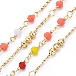 Разноцветный Латунные цепочки ручной работы, с гранеными линзами, латунные бусины и катушка, пайки, долговечный, реальный 18 k позолоченный, красочный, 1.7x1.3x0.4 мм, шарики: 3.5x2.5~3 мм и 3 мм, около 32.8 футов (10 м) / рулон