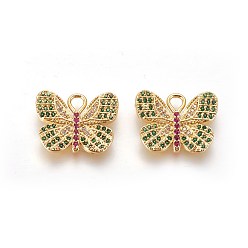 Golden Brass Micro Pave Cubic Zirconia Pendants, Butterfly, Colorful, Golden, 14x17x2mm, Hole: 3x2mm