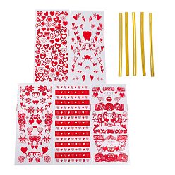 Heart OPP Plastic Storage Bags, Valentine's Day Theme, for Candy, Cookies, Gift Packaging, Rectangle, Heart Pattern, 27x13x0.01cm, Binding Wire: 8x0.4x0.04cm, 100pc/bag