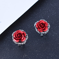 (123L) Белый крем непрозрачный блеск Серьги сплава горный хрусталь, цветок, платина, огнеупорный кирпич, 18x18 мм