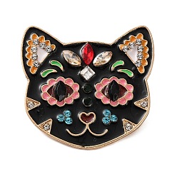 Colorful Skull Cat Enamel Pins, Alloy Rhinestone Lapel Pins for Backpack Clothes, Golden, Colorful, 34x36mm