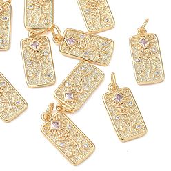 Real 18K Gold Plated SHEGRACE Valentine's Day Brass Cubic Zirconia Pendants, Rectangle with Rose Flower Charms, Cadmium Free & Lead Free & Nickel Free, Real 18K Gold Plated, 17.5x8.5x2mm, Hole: 3.5mm