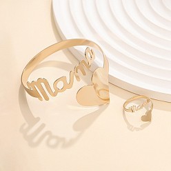 Золотой Наборы из браслетов-манжет и колец из сплава ко дню матери для женщин, слово мама и сердце, золотые, внутренний диаметр: 62 мм