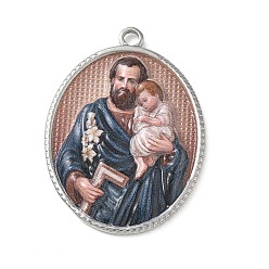 Нержавеющая Сталь Цвет 304 Подвески из нержавеющей стали с религиозным принтом, овальные подвески с узором Святого Иосифа, цвет нержавеющей стали, 36.5x26.5x4 мм, отверстие : 2.5 мм