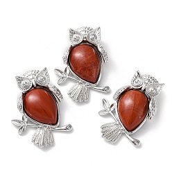 Латунь Подвеска-капля из натуральной красной яшмы со стразами, подвески в виде совы из латуни с платиновым покрытием, долговечный, пригодный для стразов 1.8 мм, 34.5x24x7.5~8 мм, отверстие : 5x3 мм