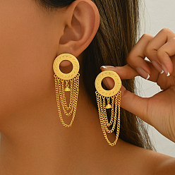 Золотой Плоские круглые с подвеской-цепочкой из сплава серьги-гвоздики, золотые, 70x25 мм