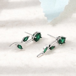 Vert Mer Micro cuivres ouvrent zircone cubique boucles d'oreille, fleur rose, sans plomb et sans cadmium, crémaillère plaquage, plaqué longue durée, platine, vert de mer, 30x11mm