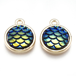 Зеленый Подвески из легированной смолы, плоский круглый с рыбой в русалочной форме, золотой свет, зелёные, 15x12x4 мм, отверстие : 1.8 мм