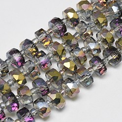 Orchid Electroplate Glass Beads Strands, Rainbow Plated, Faceted, Flat Round, Orchid, 7~8x5mm, Hole: 1mm, about 80pcs/strand, 21.26 inch