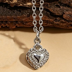 Heart Brass Pave Clear Cubic Zirconia Pendant Necklaces for Women, Platinum, Sacred Heart, 17.72 inch(45cm), Pendant: 13x10mm