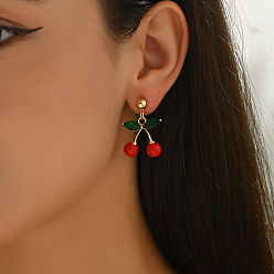 Вишня Латунная эмаль болтается серьги, с кубического циркония, золотые, вишня, 33x32 мм