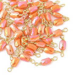 Оранжевый Гальваническое стекло граненый прямоугольник соединительные подвески, с петлями из латунной проволоки, реальный 18 k позолоченный, стойки покрытие, долговечный, оранжевые, 15.5x4x3 мм, отверстие : 1.6~1.8 мм